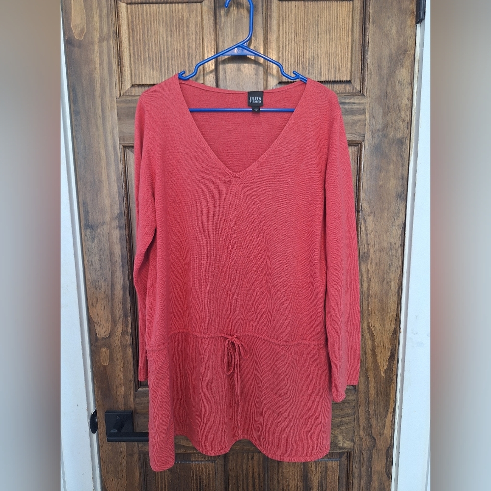 Eileen Fisher Coral V-Neck Long Sweater Silk And Cashmere Size XL